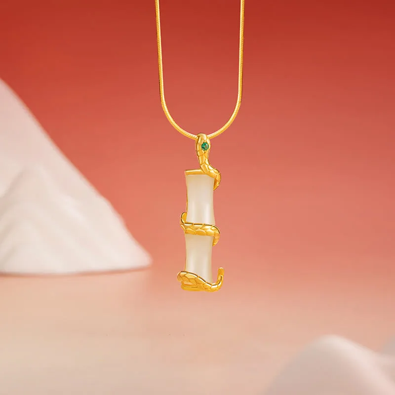 Mythstone Hetian Jade 925 Sterling Silver Year of the Snake Bamboo Growth Necklace Pendant