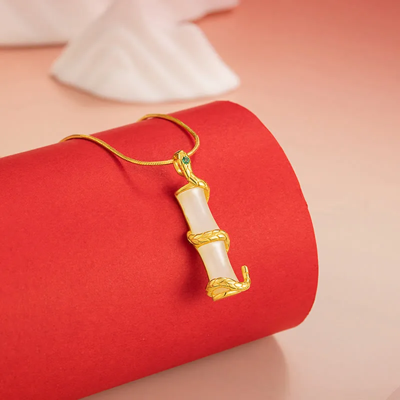 Mythstone Hetian Jade 925 Sterling Silver Year of the Snake Bamboo Growth Necklace Pendant - Image 2