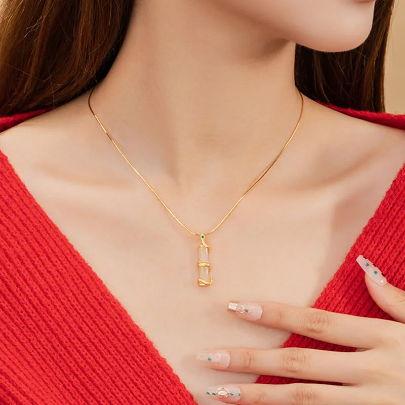 Mythstone Hetian Jade 925 Sterling Silver Year of the Snake Bamboo Growth Necklace Pendant - Image 5