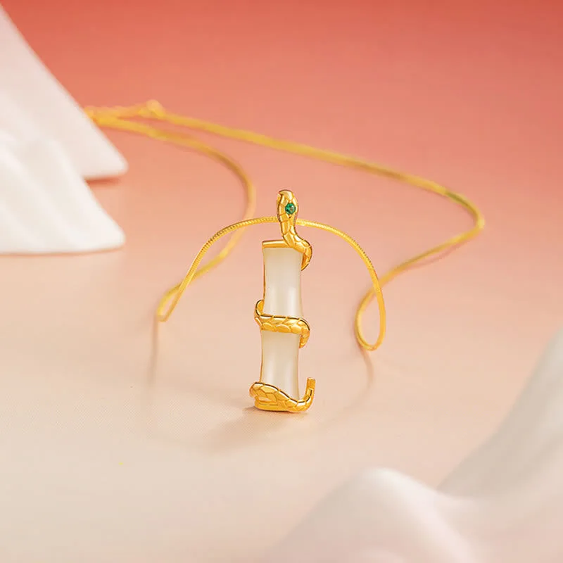 Mythstone Hetian Jade 925 Sterling Silver Year of the Snake Bamboo Growth Necklace Pendant - Image 3