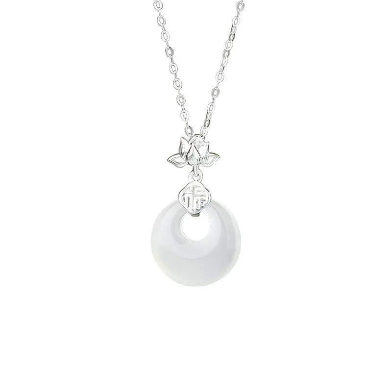 Mythstone Chalcedony 925 Sterling Silver Lotus Flower Fu Character Peace Buckle Positive Necklace Pendant - Image 2