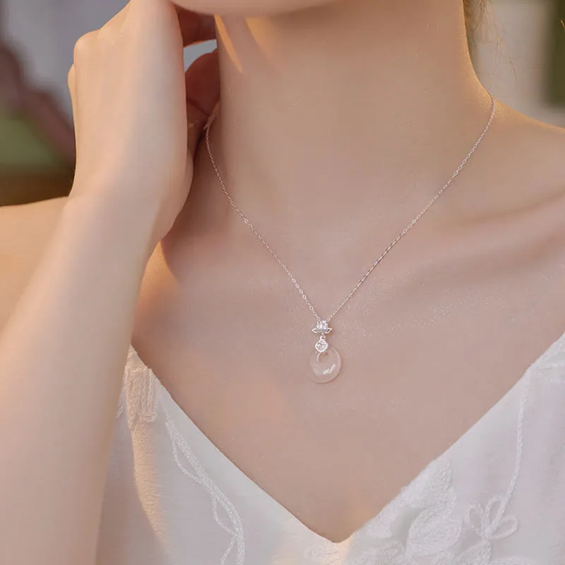 Mythstone Chalcedony 925 Sterling Silver Lotus Flower Fu Character Peace Buckle Positive Necklace Pendant - Image 3