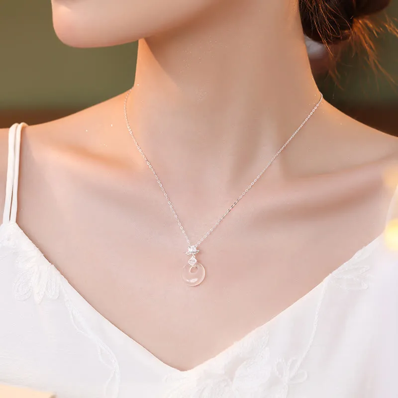 Mythstone Chalcedony 925 Sterling Silver Lotus Flower Fu Character Peace Buckle Positive Necklace Pendant - Image 4