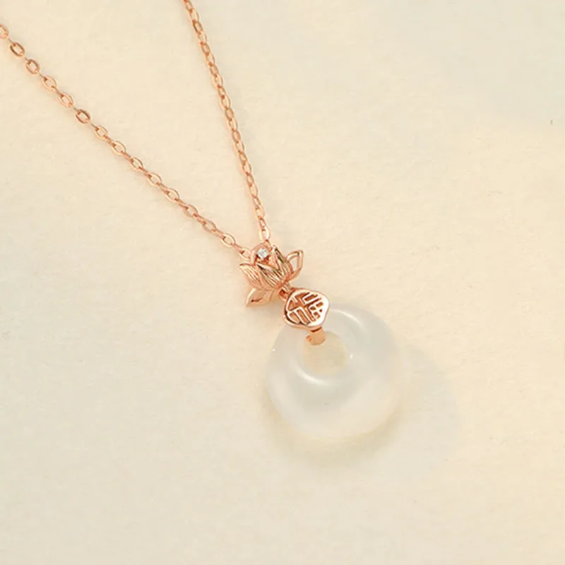 Mythstone Chalcedony 925 Sterling Silver Lotus Flower Fu Character Peace Buckle Positive Necklace Pendant - Image 10