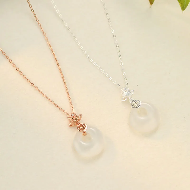 Mythstone Chalcedony 925 Sterling Silver Lotus Flower Fu Character Peace Buckle Positive Necklace Pendant - Image 11