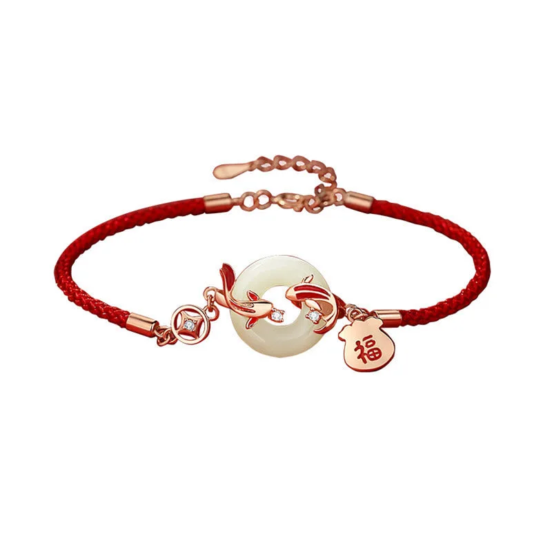 Mythstone - Natural Hetian Jade Red String 925 Sterling Silver Plated Gold Koi Fish Lucky Bag Fu Character Peace Buckle Luck Bracelet - Image 3