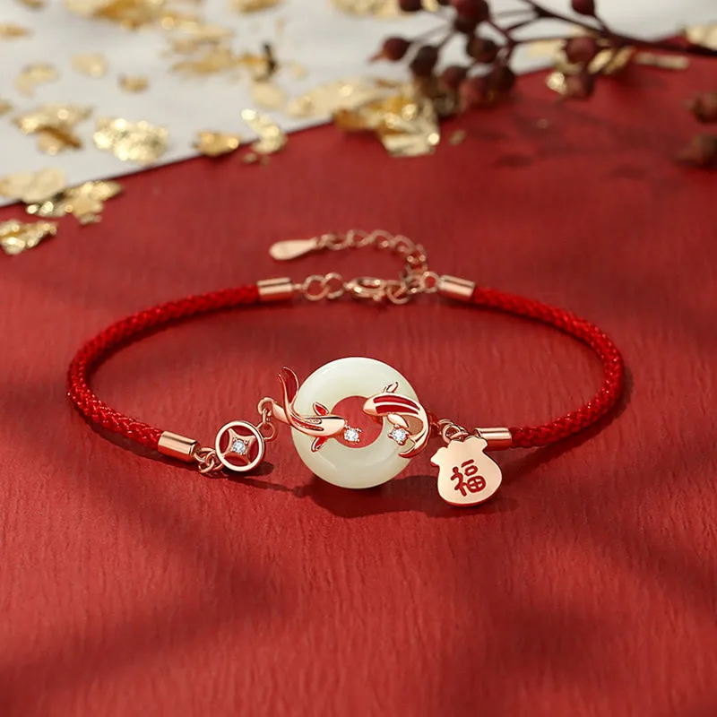 Mythstone - Natural Hetian Jade Red String 925 Sterling Silver Plated Gold Koi Fish Lucky Bag Fu Character Peace Buckle Luck Bracelet