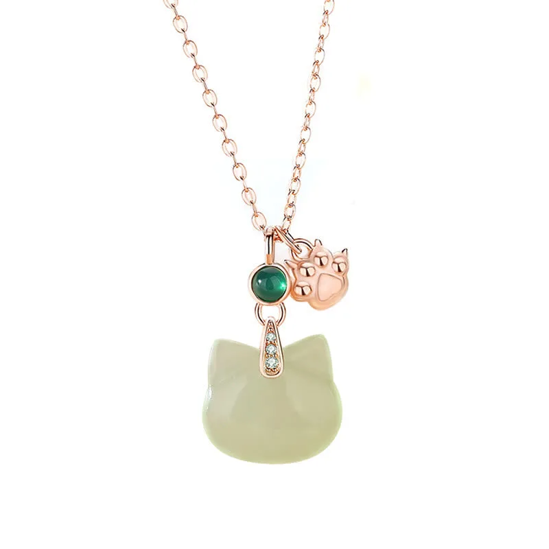 Mythstone Hetian Jade 925 Sterling Silver Plated Gold Cat Head Cat Paw Abundance Necklace Pendant - Image 3
