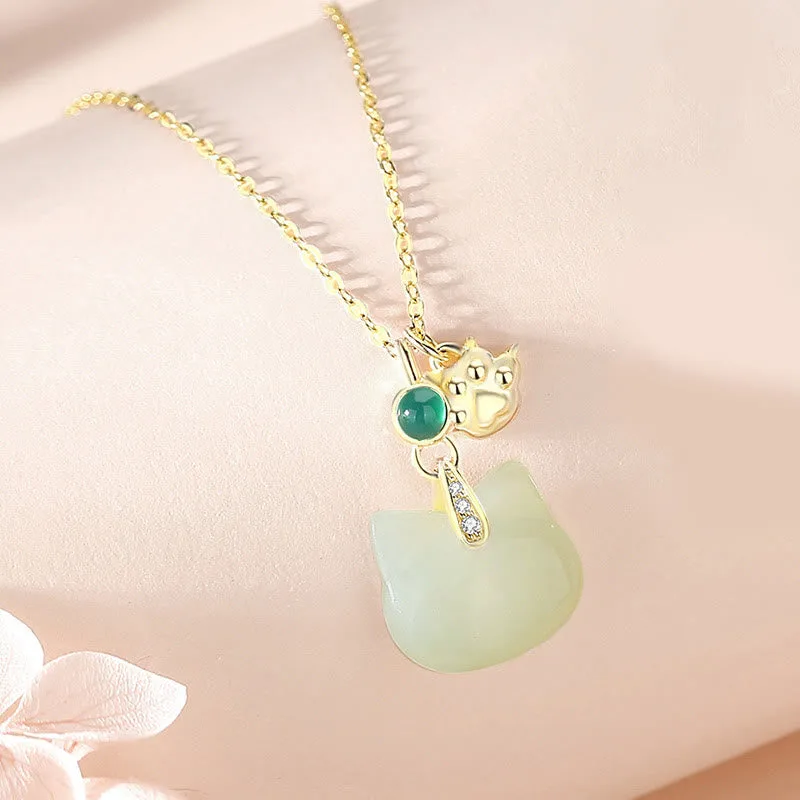Mythstone Hetian Jade 925 Sterling Silver Plated Gold Cat Head Cat Paw Abundance Necklace Pendant - Image 7