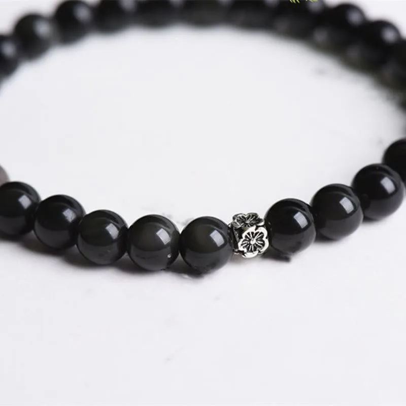 Mythstone Black Obsidian Bead 925 Sterling Silver Flower Design Purification Bracelet - Image 4