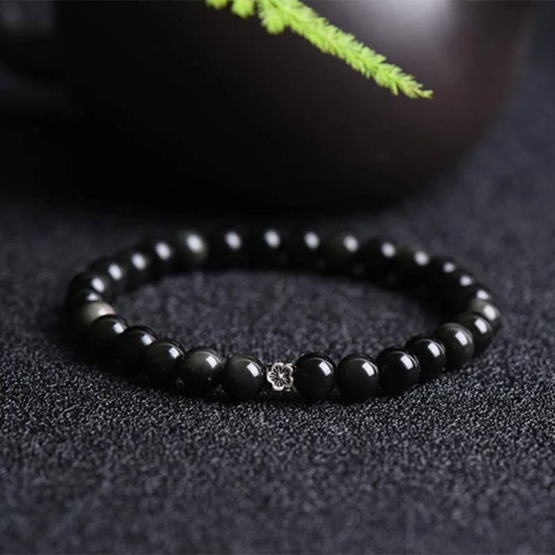 Mythstone Black Obsidian Bead 925 Sterling Silver Flower Design Purification Bracelet