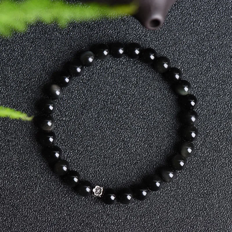 Mythstone Black Obsidian Bead 925 Sterling Silver Flower Design Purification Bracelet - Image 3