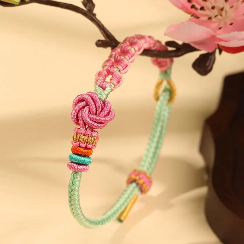 Mythstone Handmade Pink Green Peach Blossom Knot Braided Bracelet - Image 2