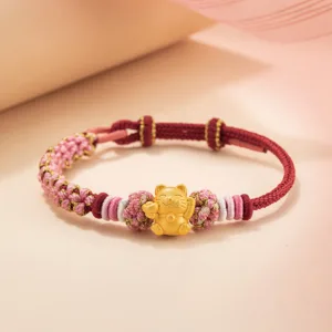 Mythstone Handmade 999 Sterling Silver Fortune Cat Ingot Peach Blossom LuckRed Rope Bracelet