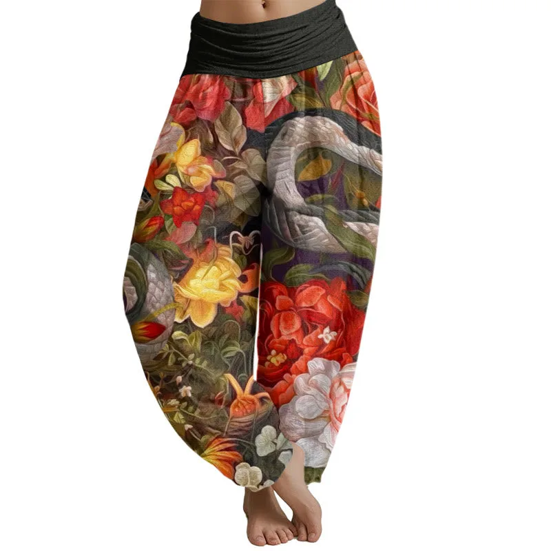 Mythstone Snake Peony Flowers Leaf Pattern Women's Elastic Waist Harem Pants