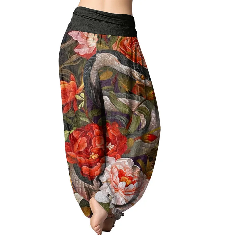 Mythstone Snake Peony Flowers Leaf Pattern Women's Elastic Waist Harem Pants - Image 3