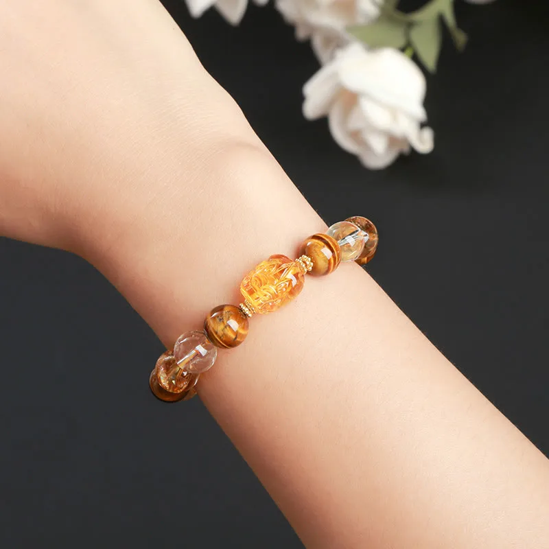 Mythstone Natural Yellow Tiger Eye Citrine Beeswax Pixiu Strength Bracelet - Image 4