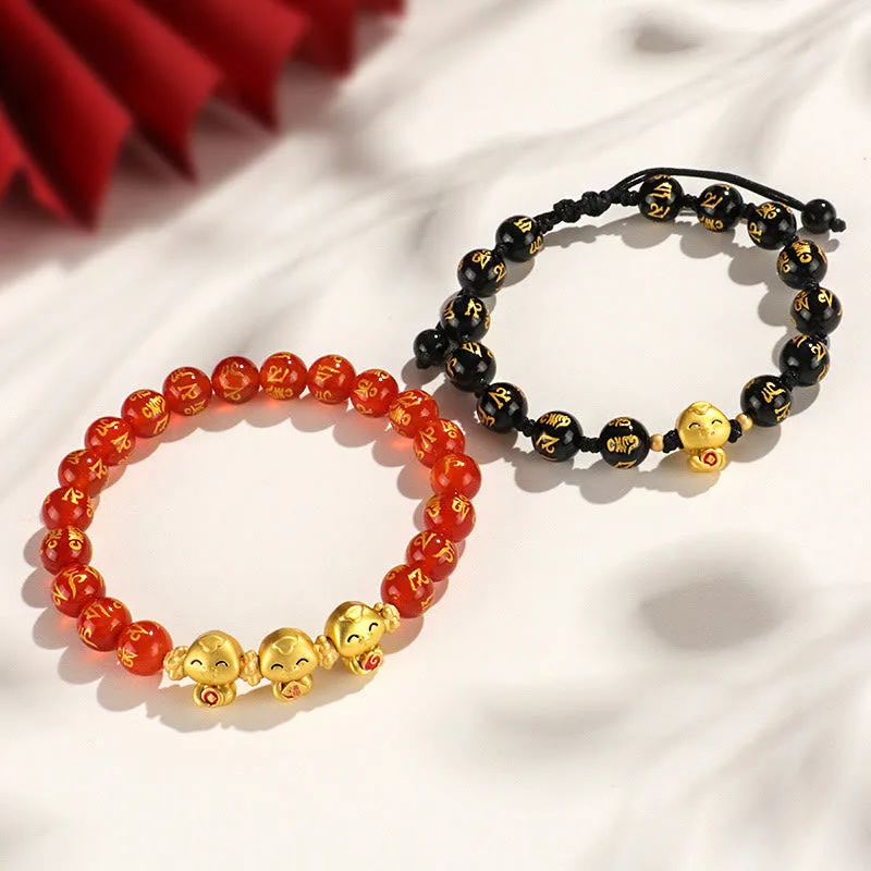 Mythstone Red Agate Black Onyx Bead Copper Year Of The Snake Fu Character Om Mani Padme Hum Happiness Bracelet - Image 2