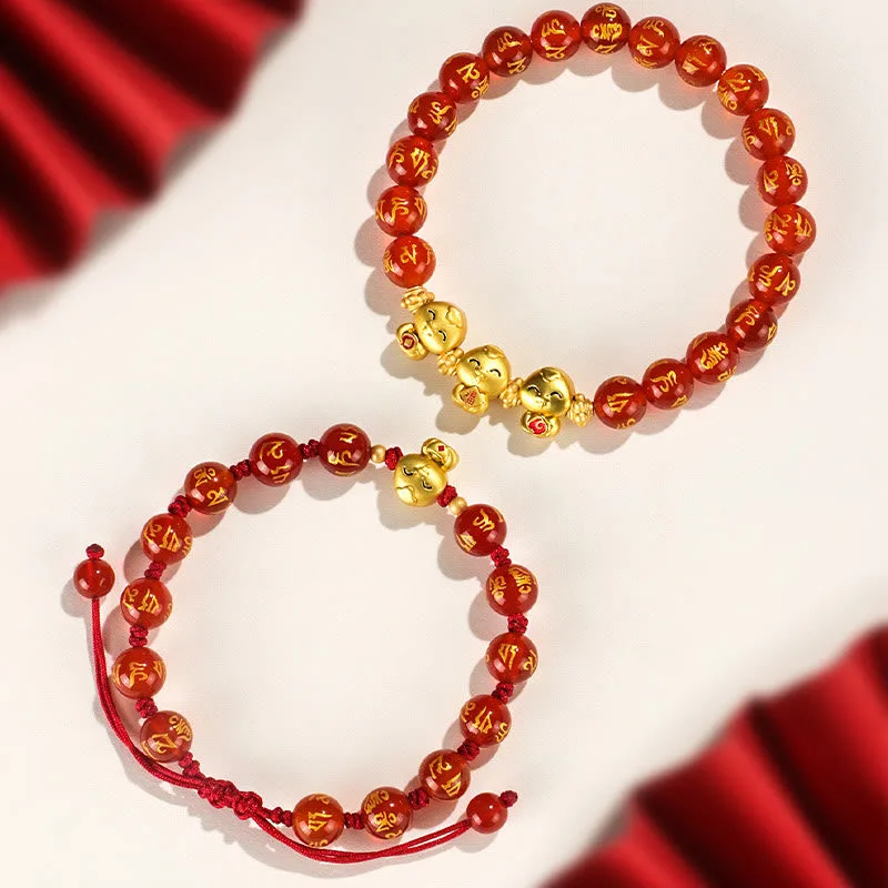 Mythstone Red Agate Black Onyx Bead Copper Year Of The Snake Fu Character Om Mani Padme Hum Happiness Bracelet - Image 4
