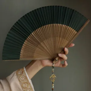 Mythstone Dark Green Tassel Hollow Rib Silk Handheld Bamboo Folding Fan