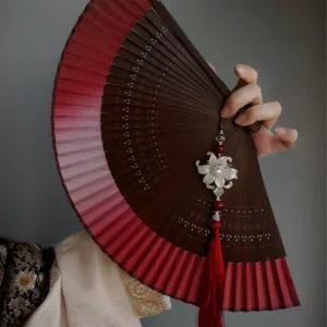 Mythstone Red Lily Tassel Hollow Rib Silk Handheld Bamboo Folding Fan