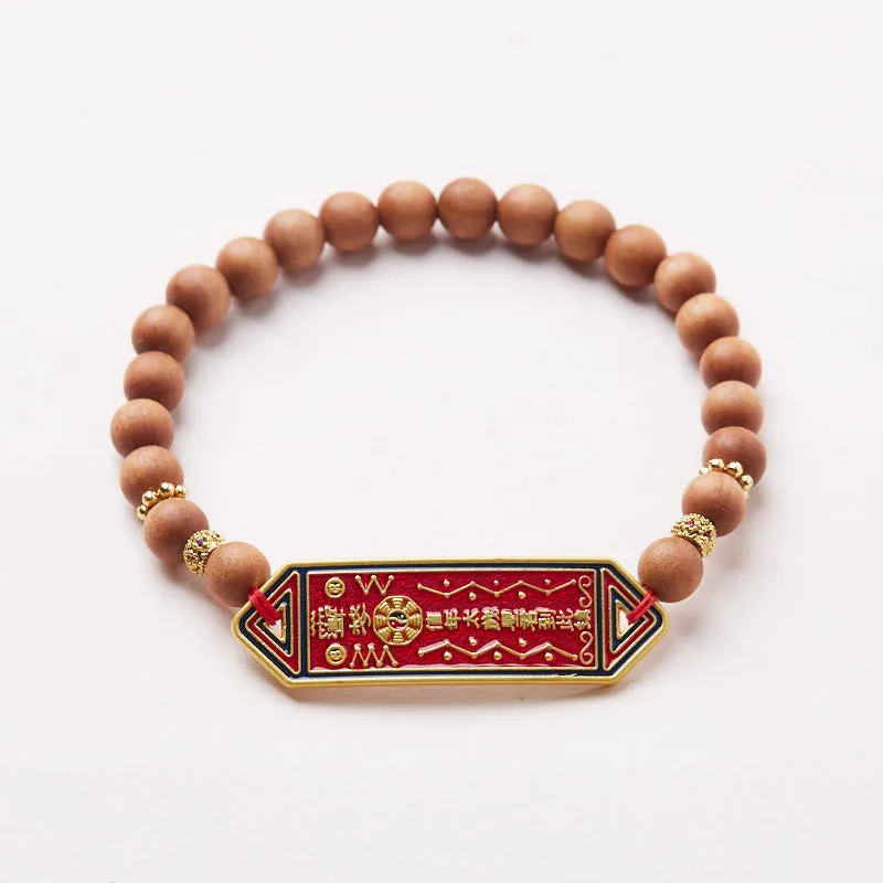 Mythstone Sandalwood Wood Bead Gold Plated Copper Bagua Yin Yang Chinese Character Harmony Bracelet - Image 2