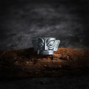 Mythstone 999 Sterling Silver Hand Casting Sanxingdui Mask Protection Ring