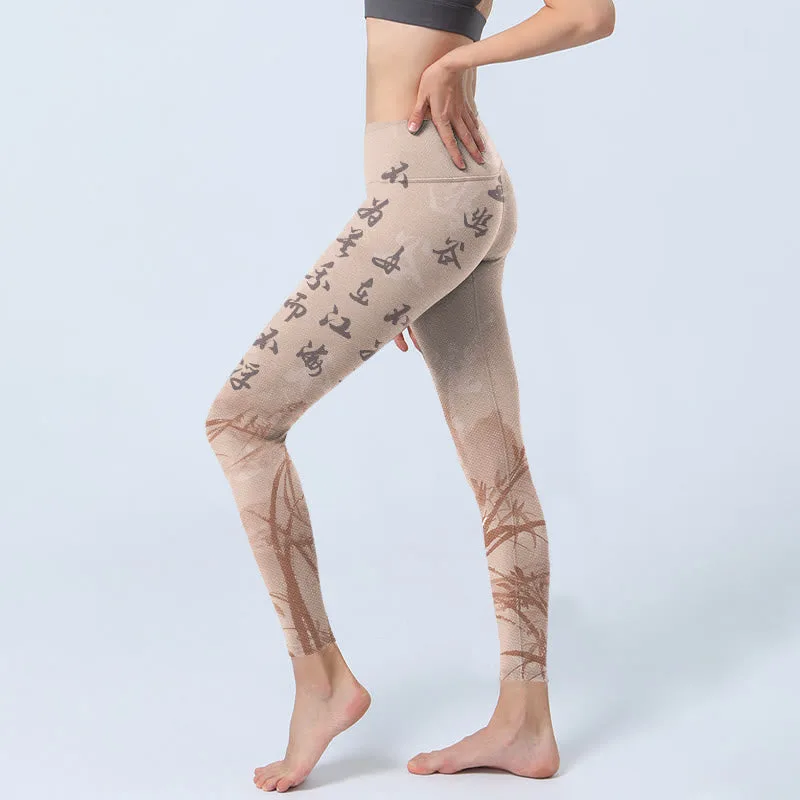 Mythstone Calligraphy Orchid Print Gym Leggings Women's Yoga Pants - Image 3