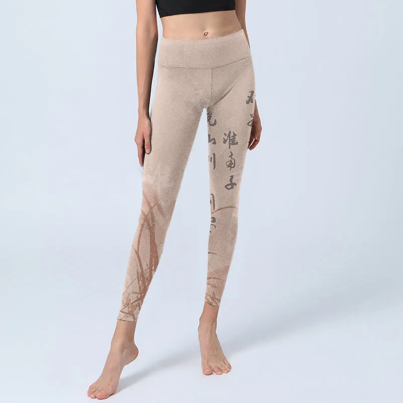 Mythstone Calligraphy Orchid Print Gym Leggings Women's Yoga Pants - Image 6