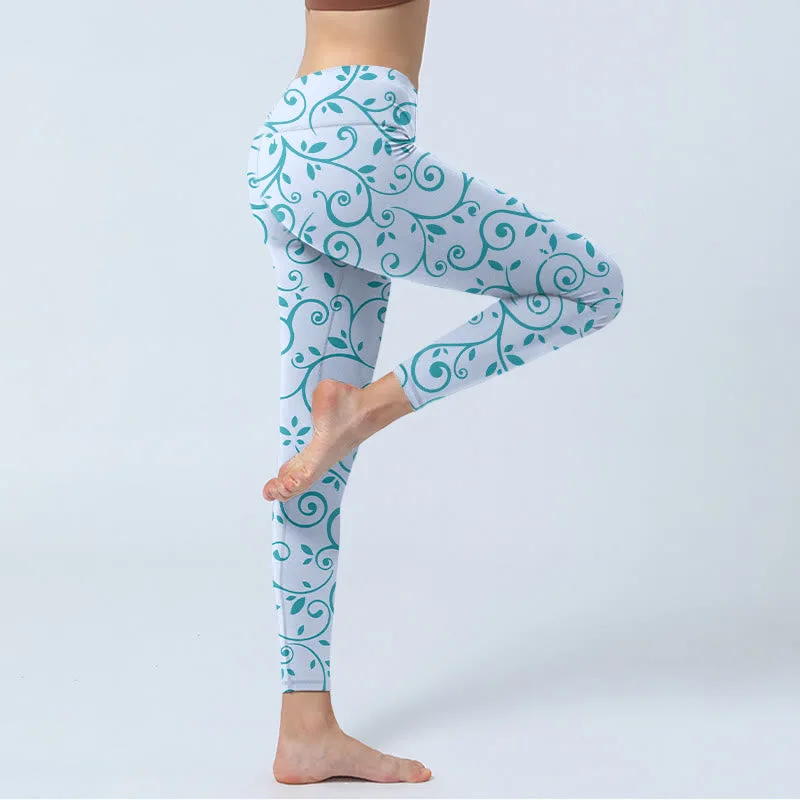 Mythstone Blue Vine Leaves Print Gym Leggings Women's Yoga Pants - Image 5