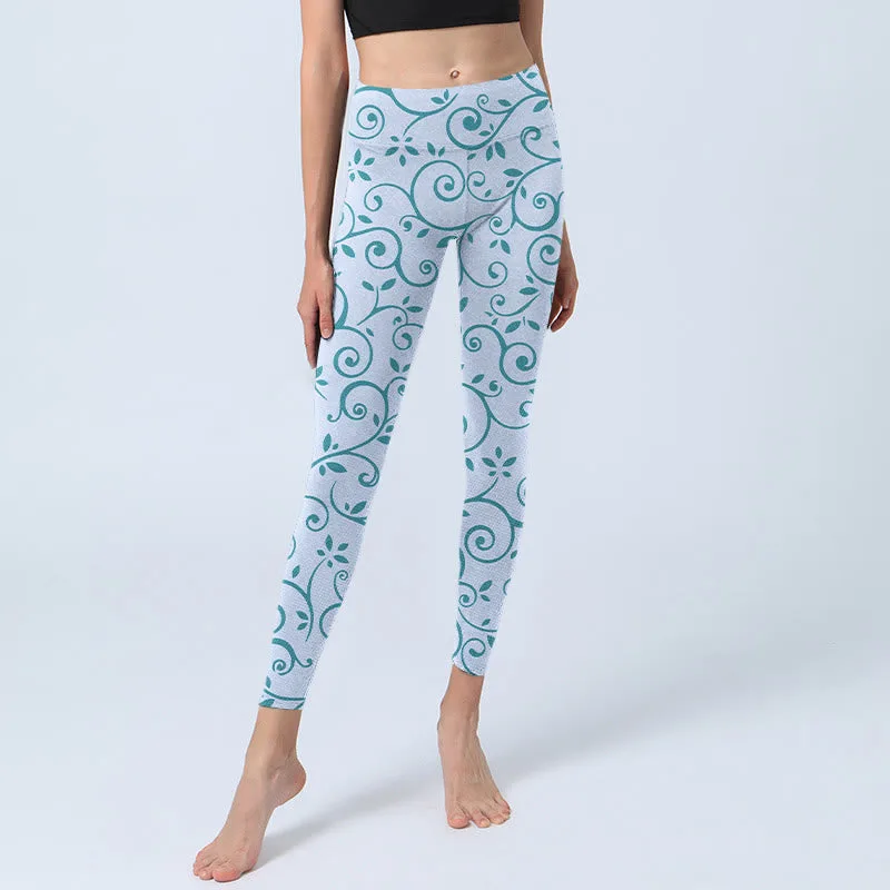 Mythstone Blue Vine Leaves Print Gym Leggings Women's Yoga Pants - Image 6