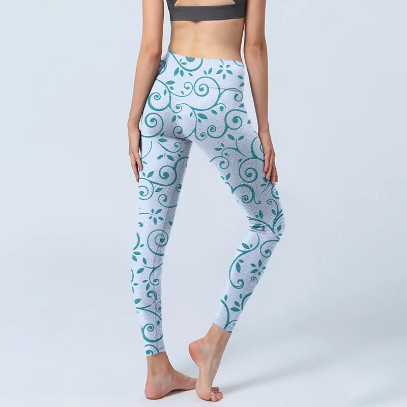 Mythstone Blue Vine Leaves Print Gym Leggings Women's Yoga Pants - Image 4