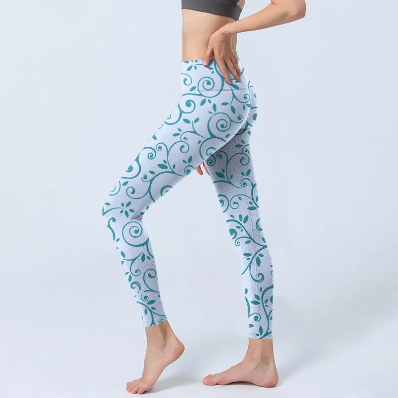 Mythstone Blue Vine Leaves Print Gym Leggings Women's Yoga Pants - Image 3