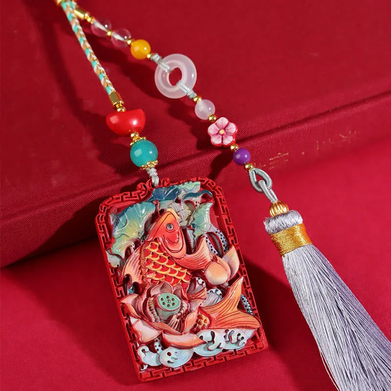 Mythstone - Natural Cinnabar Koi Fish Lotus Design Blessing Peace Buckle Car Hanging Decoration