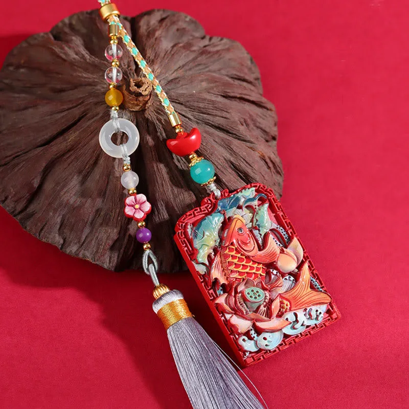 Mythstone - Natural Cinnabar Koi Fish Lotus Design Blessing Peace Buckle Car Hanging Decoration - Image 4