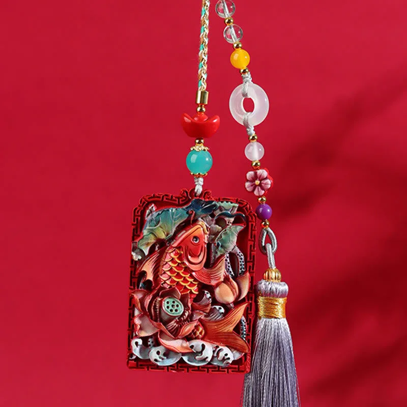 Mythstone - Natural Cinnabar Koi Fish Lotus Design Blessing Peace Buckle Car Hanging Decoration - Image 5