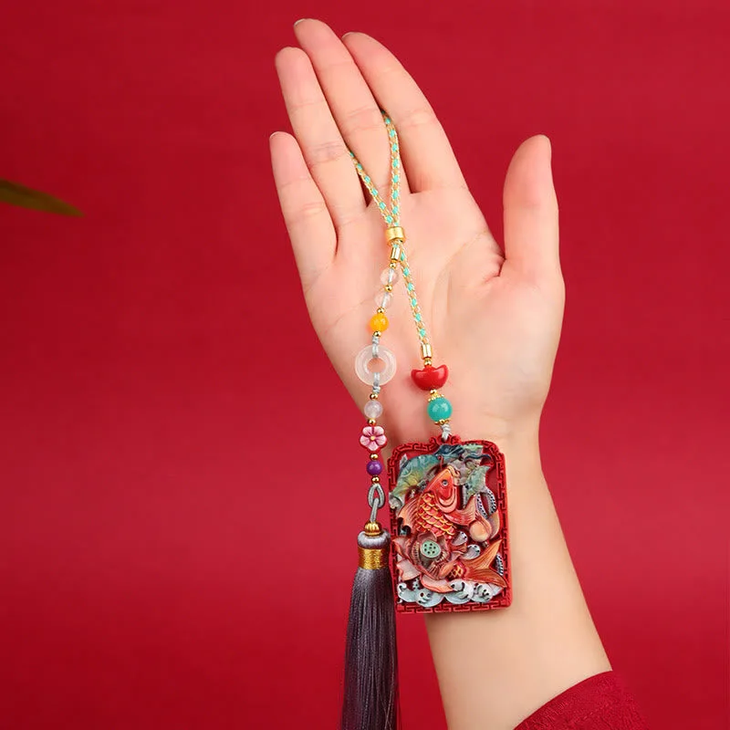 Mythstone - Natural Cinnabar Koi Fish Lotus Design Blessing Peace Buckle Car Hanging Decoration - Image 11