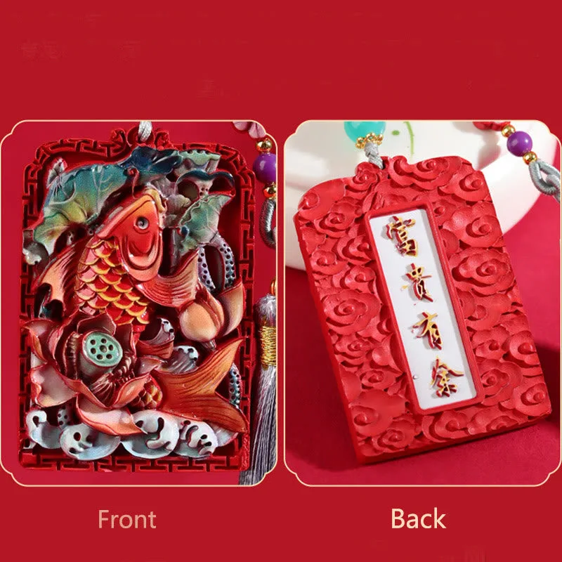Mythstone - Natural Cinnabar Koi Fish Lotus Design Blessing Peace Buckle Car Hanging Decoration - Image 13