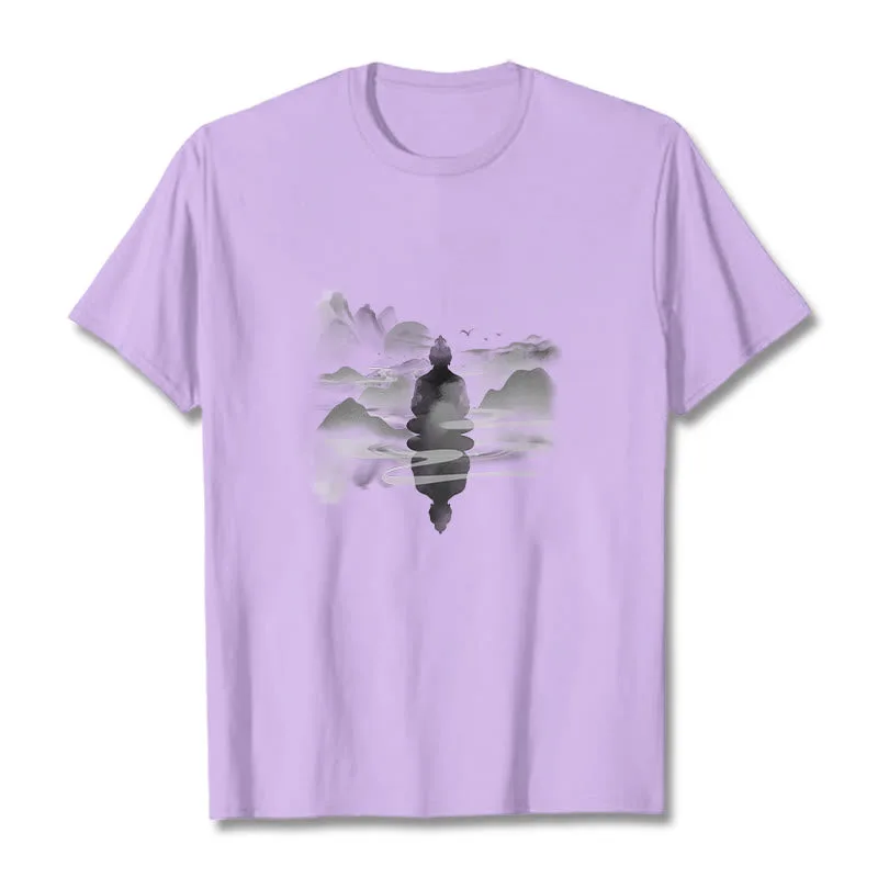 Mythstone Meditating Buddha Sitting In Mountains Pattern Cotton Tee T-shirt - Image 15