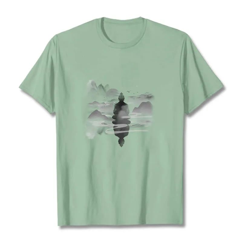 Mythstone Meditating Buddha Sitting In Mountains Pattern Cotton Tee T-shirt - Image 13
