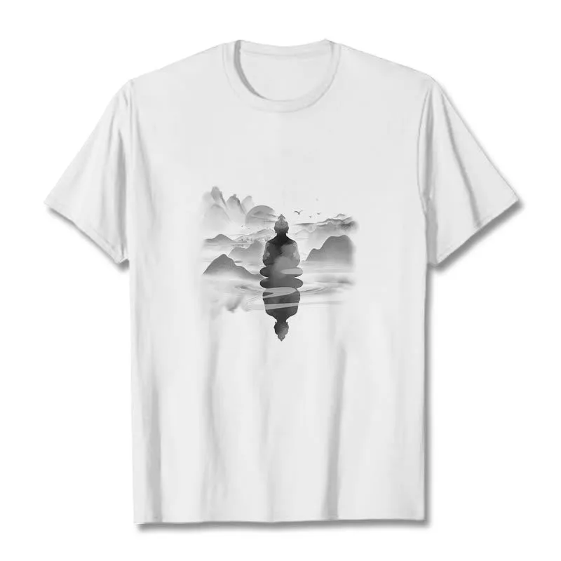 Mythstone Meditating Buddha Sitting In Mountains Pattern Cotton Tee T-shirt - Image 6