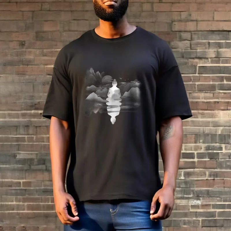 Mythstone Meditating Buddha Sitting In Mountains Pattern Cotton Tee T-shirt - Image 4