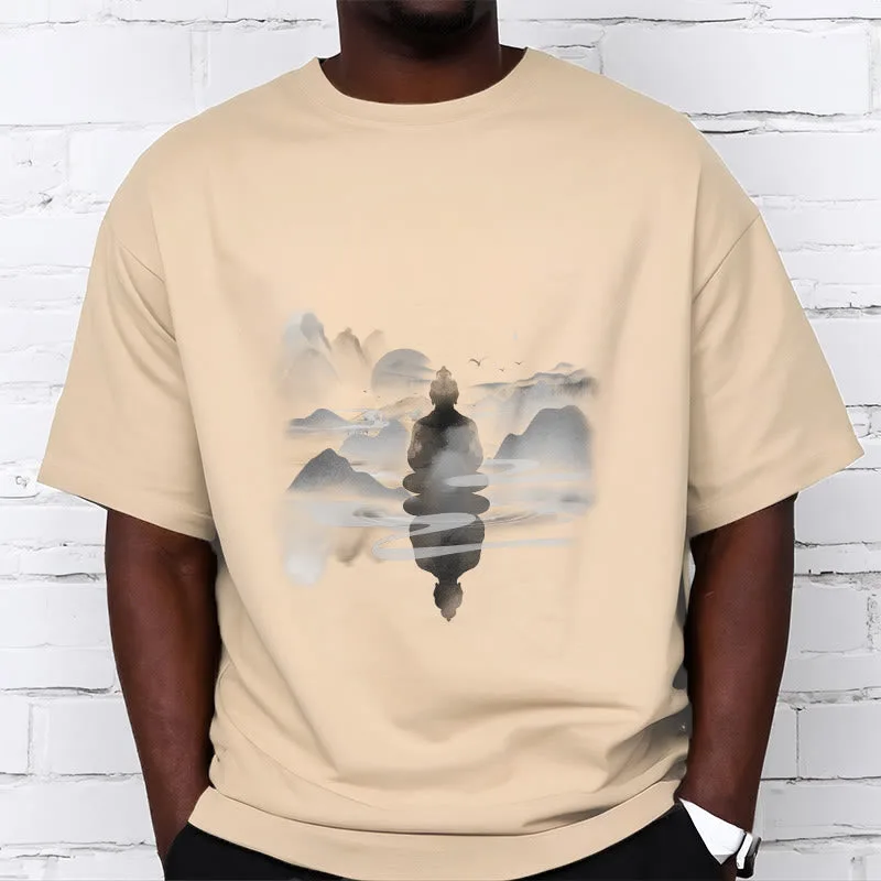 Mythstone Meditating Buddha Sitting In Mountains Pattern Cotton Tee T-shirt - Image 18
