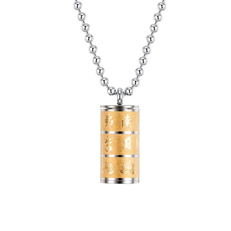 Mythstone Tibetan Om Mani Padme Hum Lotus Pattern Prayer Wheel Titanium Steel Peace Necklace Pendant - Image 2