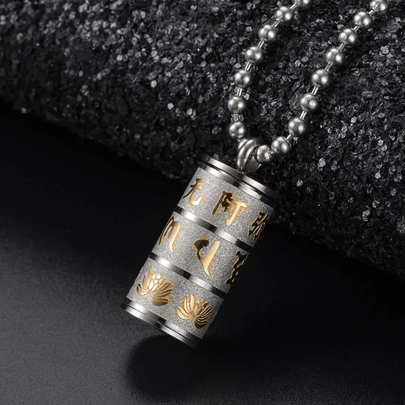Mythstone Tibetan Om Mani Padme Hum Lotus Pattern Prayer Wheel Titanium Steel Peace Necklace Pendant - Image 12