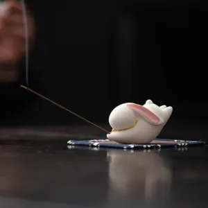 Mythstone Flying Rabbit Bamboo Mat Healing Ceramic Incense Burner Desk Decoration