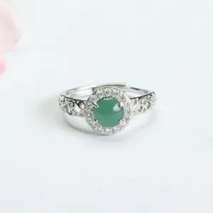 Mythstone Natural Hetian Jade Egg Ruyi Stick Pattern Luck Ring