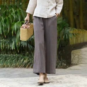 Mythstone Casual Plain Solid Color Elastic Linen Women's Pants With Pockets