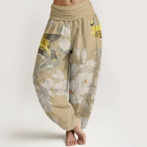 Mythstone Casual Magnolia Yellow Bird Women's Elastic Waist Harem Pants