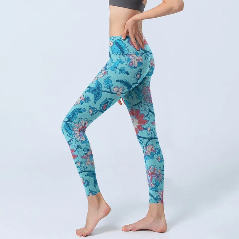 Mythstone Blue Red Flowers Leaves Print Gym Leggings Women's Yoga Pants - Image 3